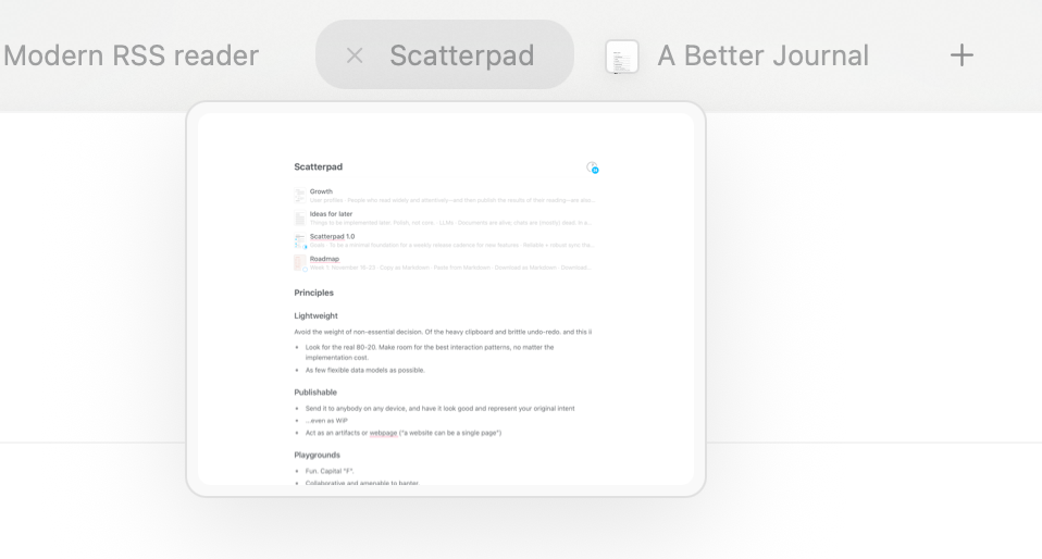 Tab preview interaction from the Craft app
