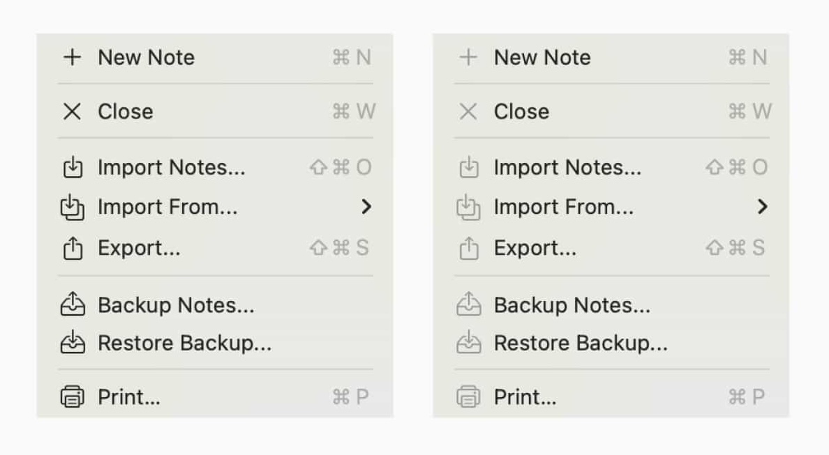 Screenshot comparing MacOS menus with original vs. lightened icons