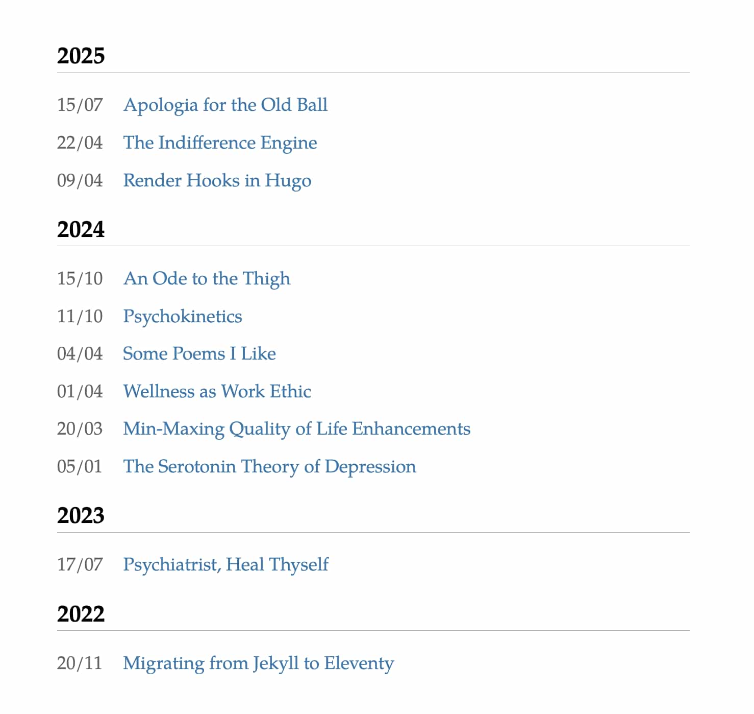 Screenshot of ponnekanti.net blog home page, with a vertical list of essay titles