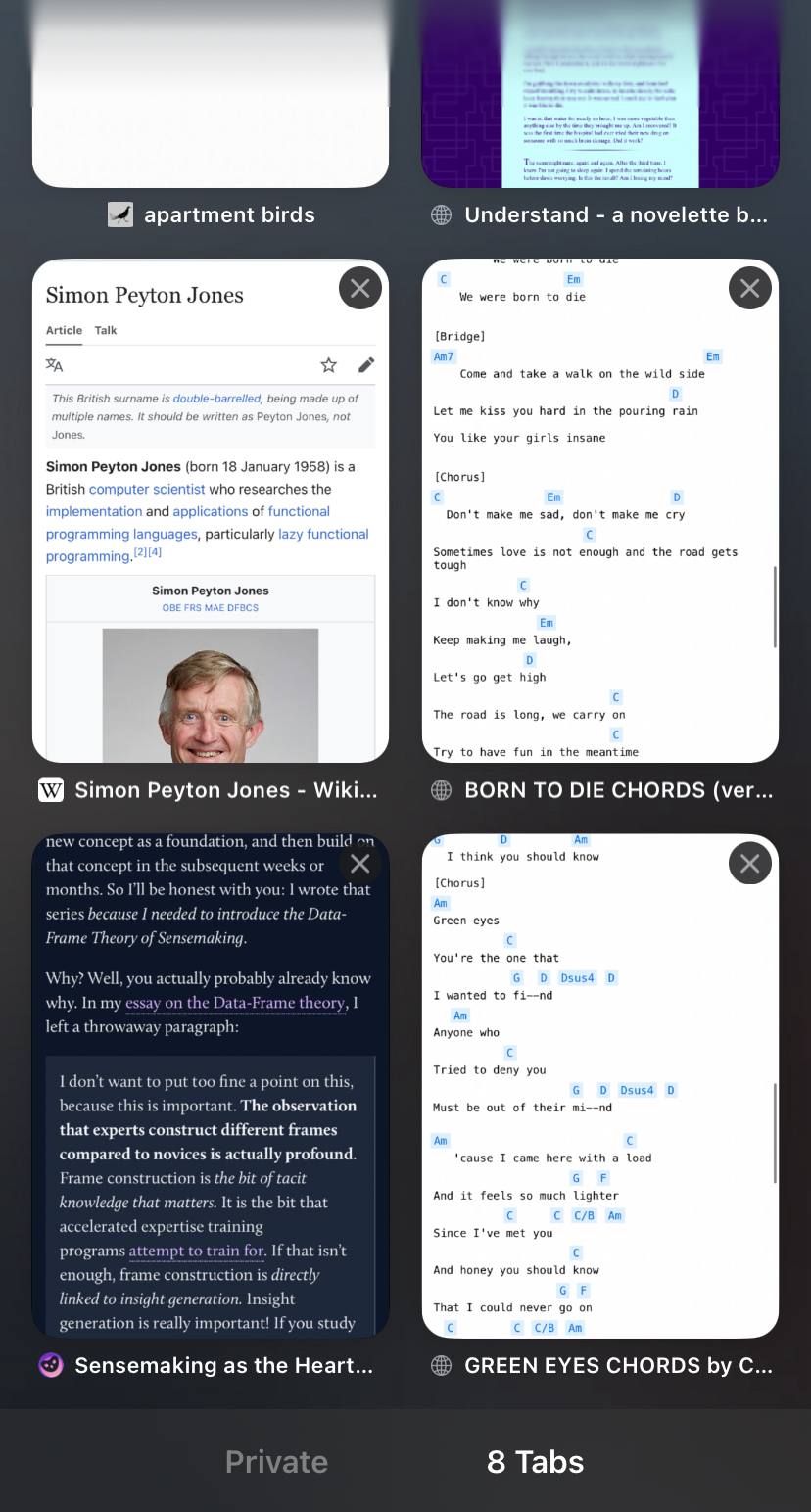 Screenshot of my mobile Safari app with 6 open tabs